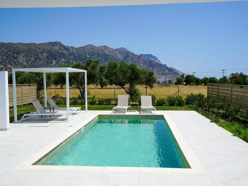 Pool, loungers and pergola on a clear summer day
