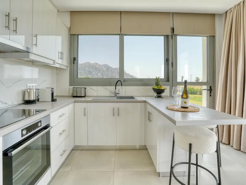 Kitchen and dining area with mountain views
